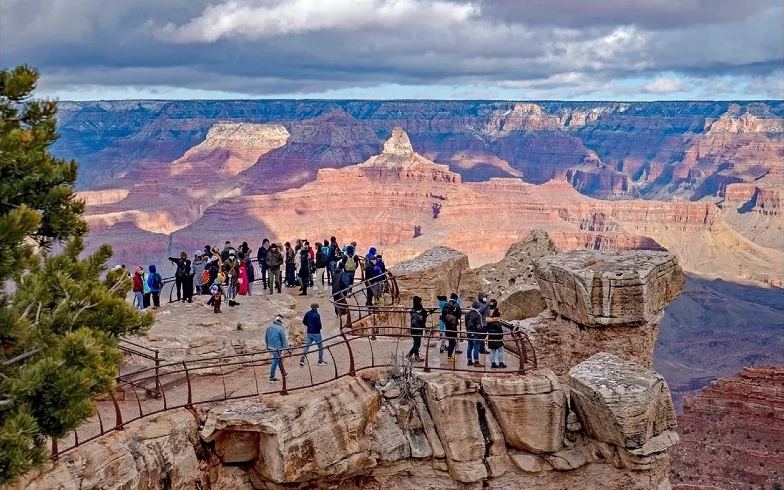 Layered rock formations of the Grand Canyon at dawn